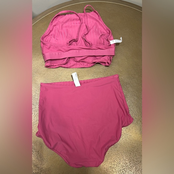 Lululemon Pink Ribbed Swim High Neck Long Line Top And High-waist Full Bottom, M - Picture 5 of 13